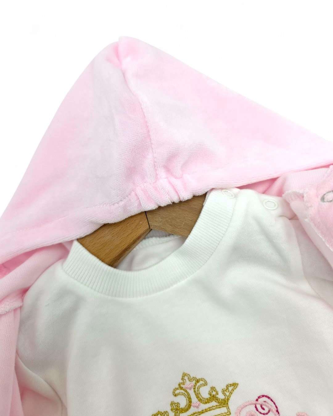 3-12 Ay Kız  Bebek Kışlık Kadife 3'lü Takım - Kapüşonlu Hırka, Çıtçıtlı Body ve Pantolonlu  R2212