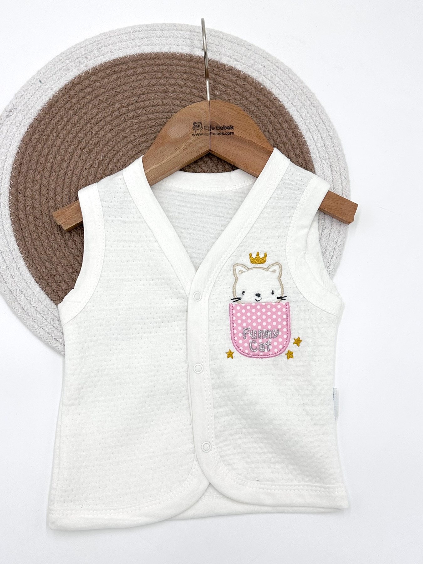 KIZ BEBEK KAPİTONU KUMAŞ KEDİ NAKIŞLI 3-6-9-12-18 AY YELEK R1505 - EKRU
