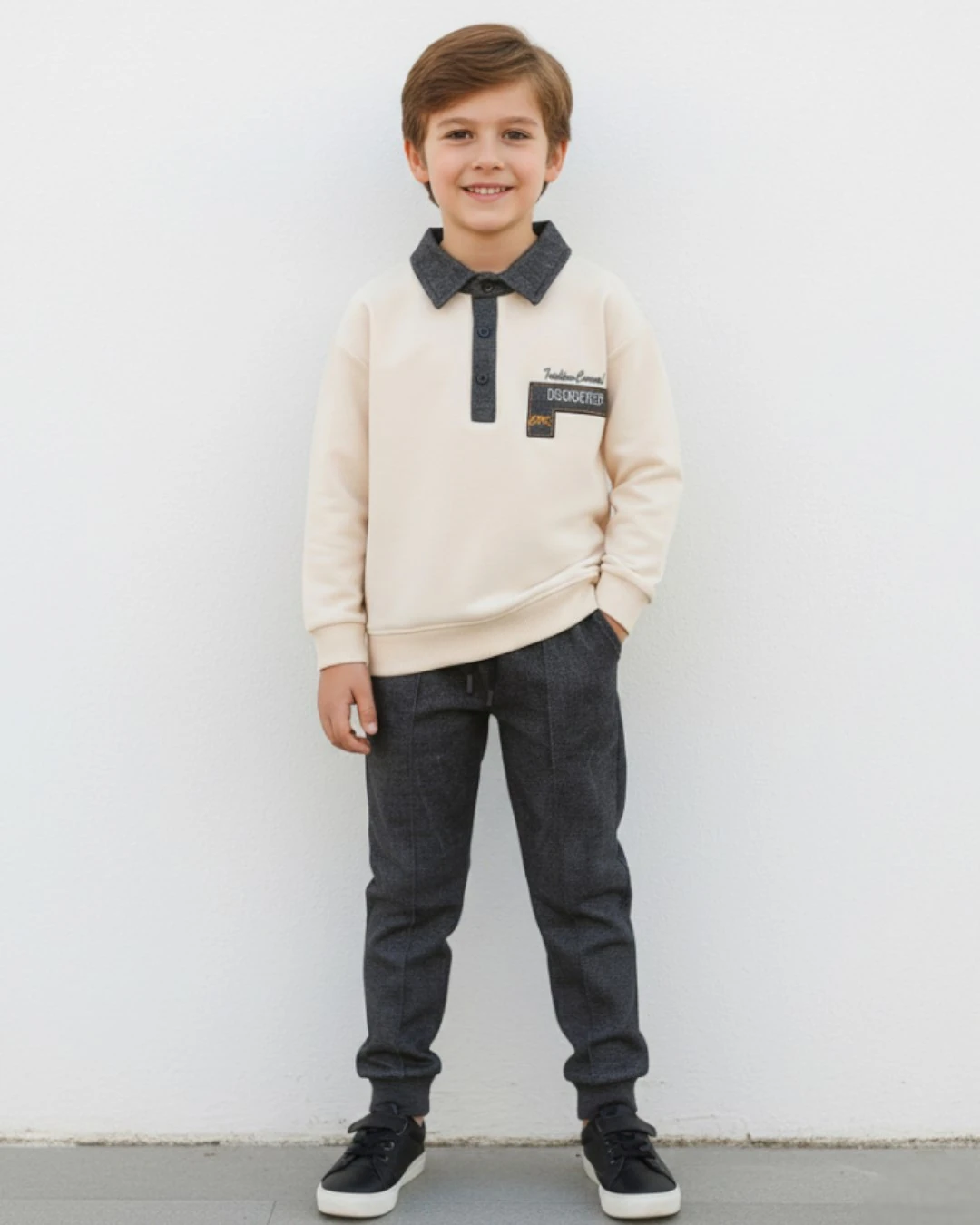 Erkek Çocuk Mevsimlik Gömlek Yakalı Sweatshirt ve Pantalonlu Alt Üst Şık Takım 4-11 Yaş R2262 - FÜME