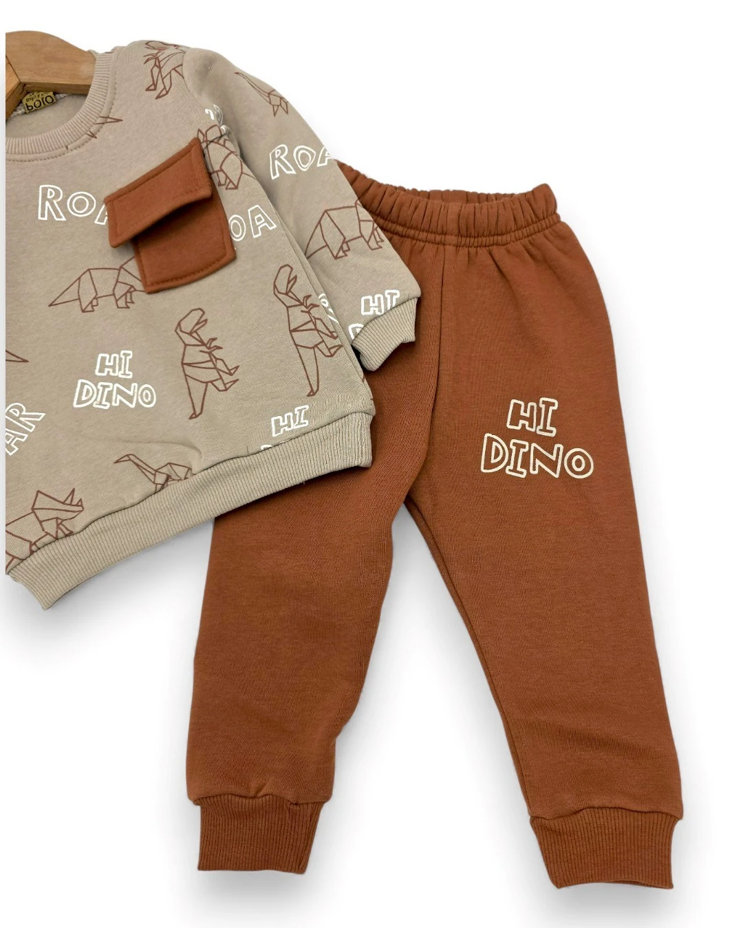 Erkek Bebek Kışlık 3 İp Şardonlu Dinozor Baskılı 6-9-12-18-24 Ay Alt Üst Eşofman Takımı R2387