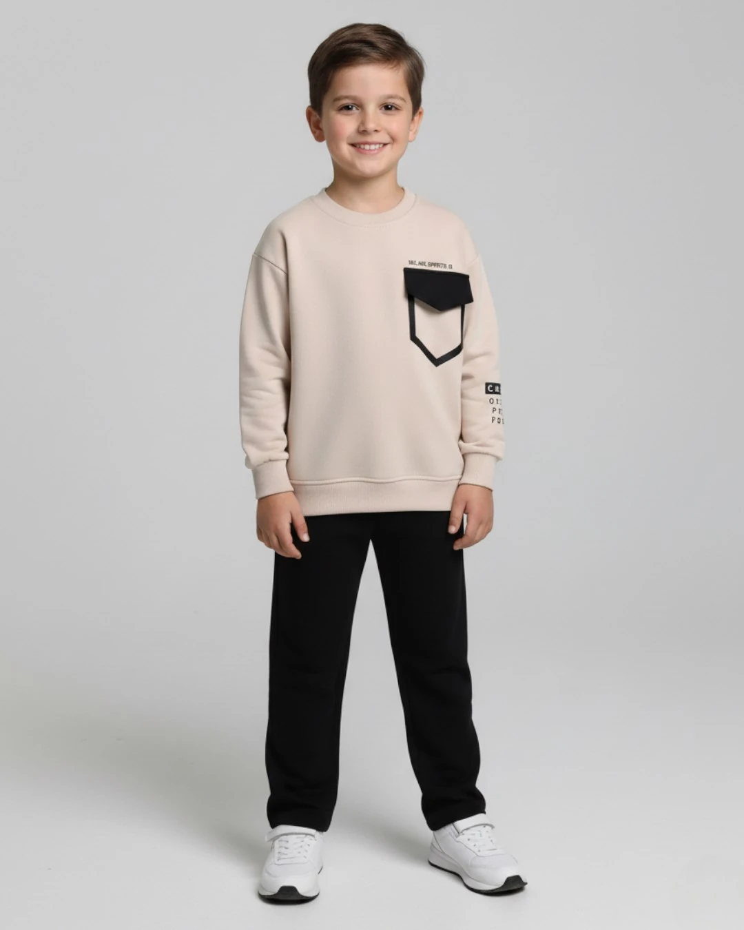 Erkek Çocuk Mevsimlik Yazı Baskılı Cep Detaylı Sweatshirt ve Pantalonlu Alt Üst Şık Takım 4-11 Yaş R2260 - KREM