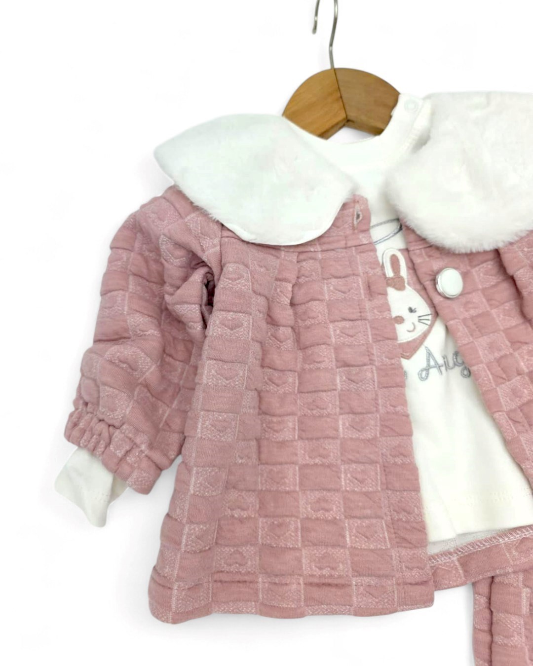 Kız Bebek Peluş Yaka Detaylı 0-3-6-9 Ay Mevsimlik 3 Parça Ceketli Takım R2035