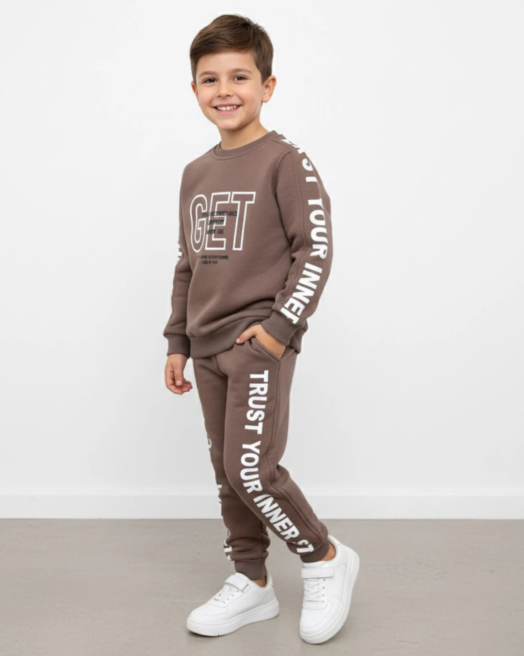 Erkek Çocuk Kışlık 3 İp Şardonlu Get Baskılı Bisiklet Yakalı Eşofman Takımı, Sweatshirt Ve Pantalon  R2273
