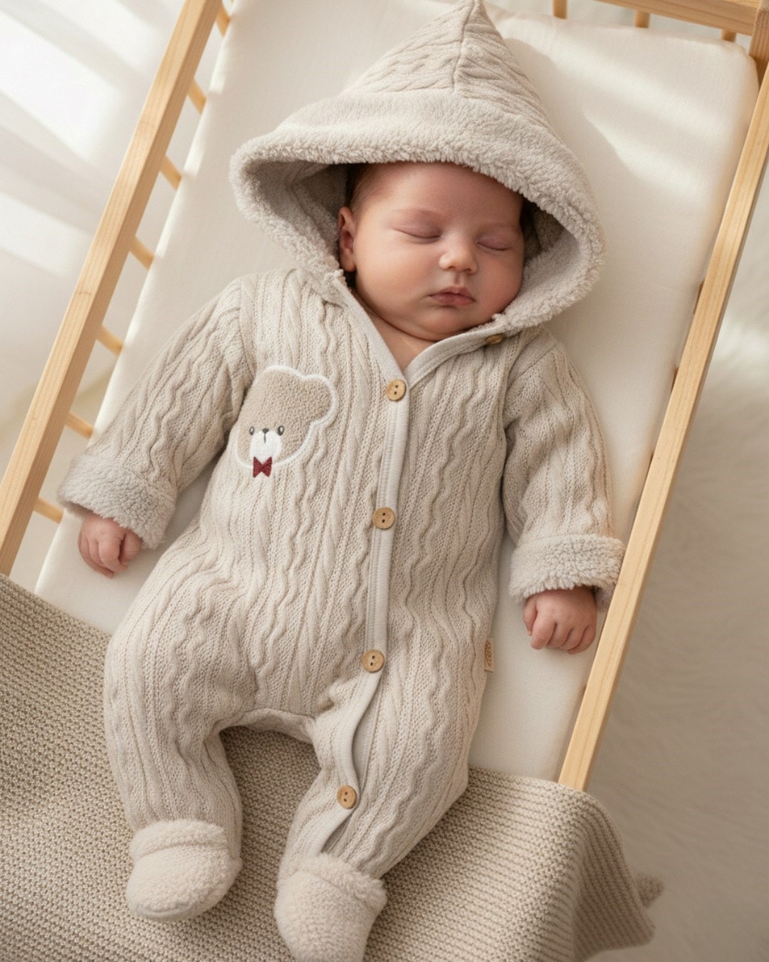 Mevsimlik Unisex Ayıcık Nakışlı 0-3-6-9 Ay  Triko Tulum, Ayakları Kapalı, Ahşap Düğmeli , Kapüşonlu R2205