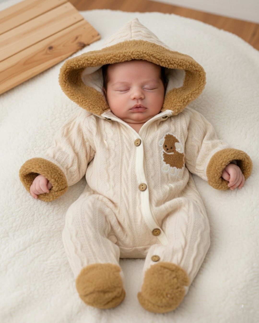 Mevsimlik Unisex Kuzu Nakışlı 0-3-6-9 Ay  Triko Tulum, Ayakları Kapalı, Ahşap Düğmeli , Kapüşonlu  R - KAHVERENGİ