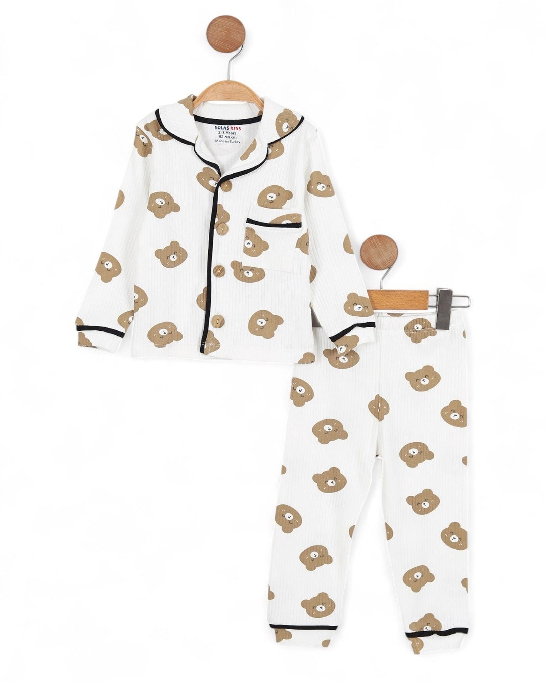 Erkek 0-6 Yaş Ayıcık Baskılı, Kruvaze Yakalı Mevsimlik Düğmeli Gecelik Pijjama Takımı R2183