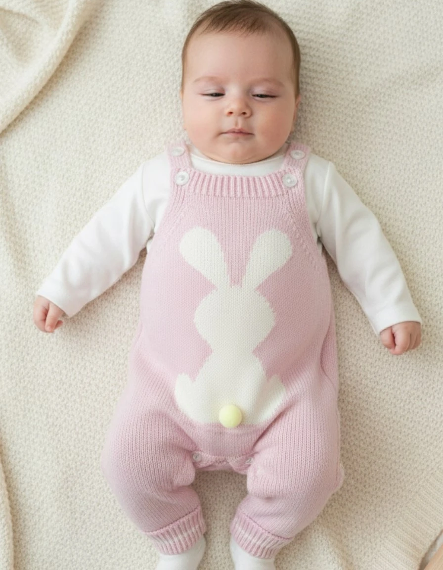  Kışlık Tavşan Detaylı Triko Salopet ve İç Badili Takım, 3-6-9-12 Ay Triko Bahçıvan Tulum R2206 - PEMBE