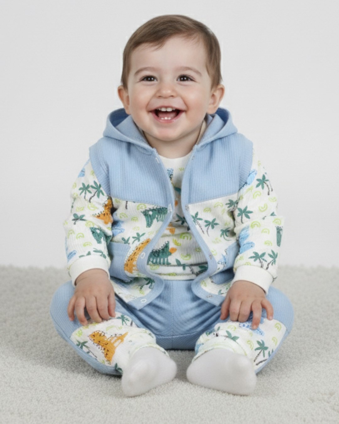 ERKEK BEBEK MEVSİMLİK 3 PARÇA YELEKLİ KAPÜŞONLU DİNOZOR BASKILI 3'LÜ TAKIM R1815 - BEBE MAVİSİ