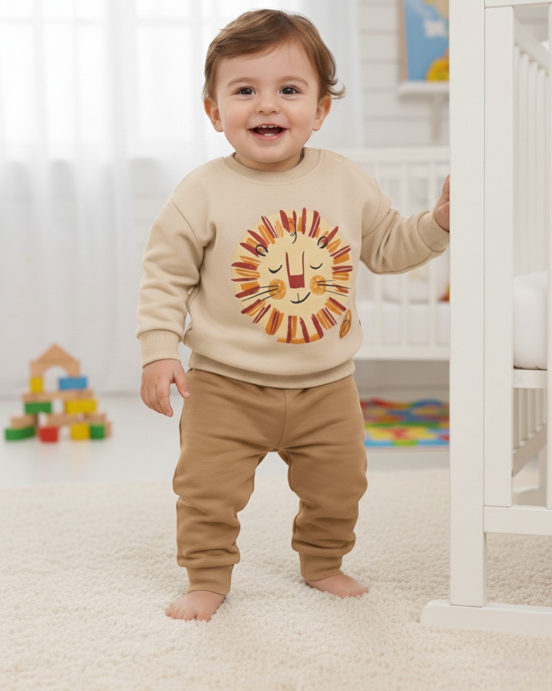 Erkek Bebek Mevsimlik Aslan Baskılı 3-6-9-12-18 Ay Uzun Kol Bisiklet Yakalı Alt Üst Eşofman Takımı R1510 - AÇIK KAHVERENGİ