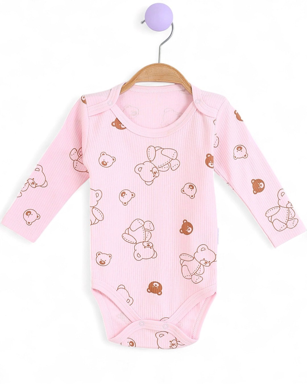 Uzun Kollu Fitilli Ayı Baskılı Bebek Çıtçıtlı Body, Zıbın, Atlet 0-3 Yaş BD10 - PEMBE