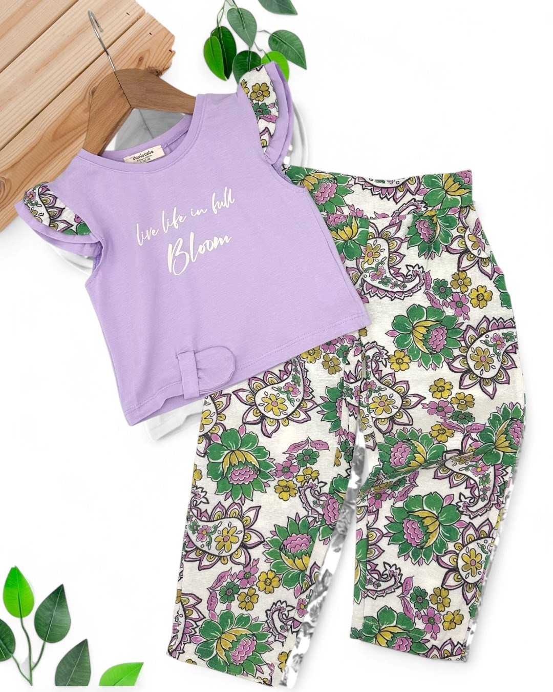 KIZ ÇOCUK ETNİK DESEN KETEN PANTALONLU YAZLIK 2-3-4-5-6 YAŞ ALT ÜST TAKIM R1713 - LİLA