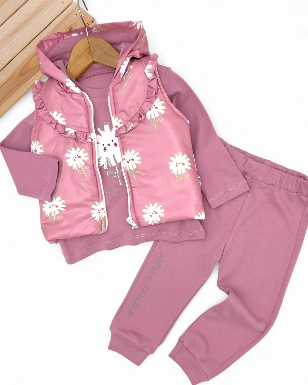 Kız Bebek Mevsimlik Şişme Yelekli, 3 Parça Alt Üst Takım , 6-9-12-18 Ay Yelekli Takım R2312