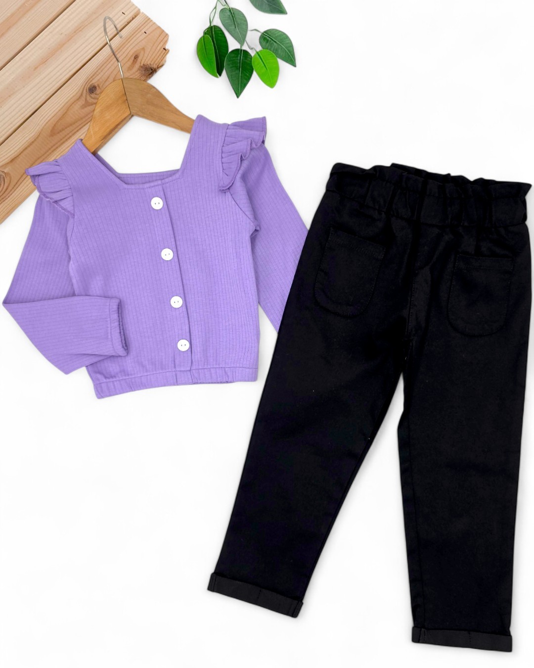 Kız Çocuk 2-3-4-5-6 Yaş Keten Pantalonlu, Fitilli Crop Bluzlu Mevsimlik Alt Üst Takım R981 - LİLA
