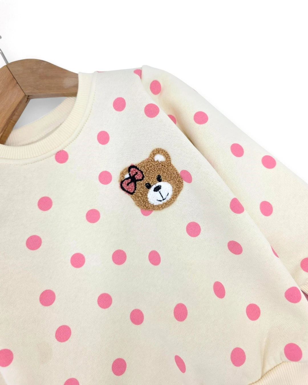 Kız Bebek Dar Kalıp Puantiyeli Kışlık 3 İp Şardonlu Ayıcık Nakışlı Şirin Alt Üst Takım R2337