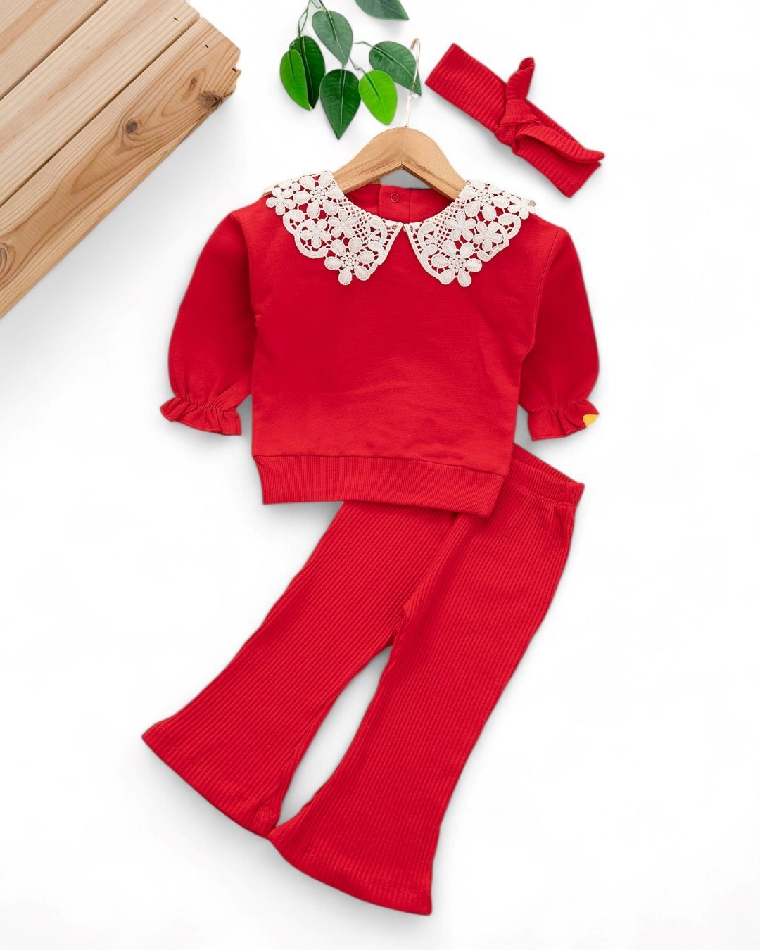 Kız Bebek Mevsimlik Dantel Yakalı, Fitilli Taytlı 6-9-12-18-24 Ay Şık Bebek Takımı R2076 - KIRMIZI