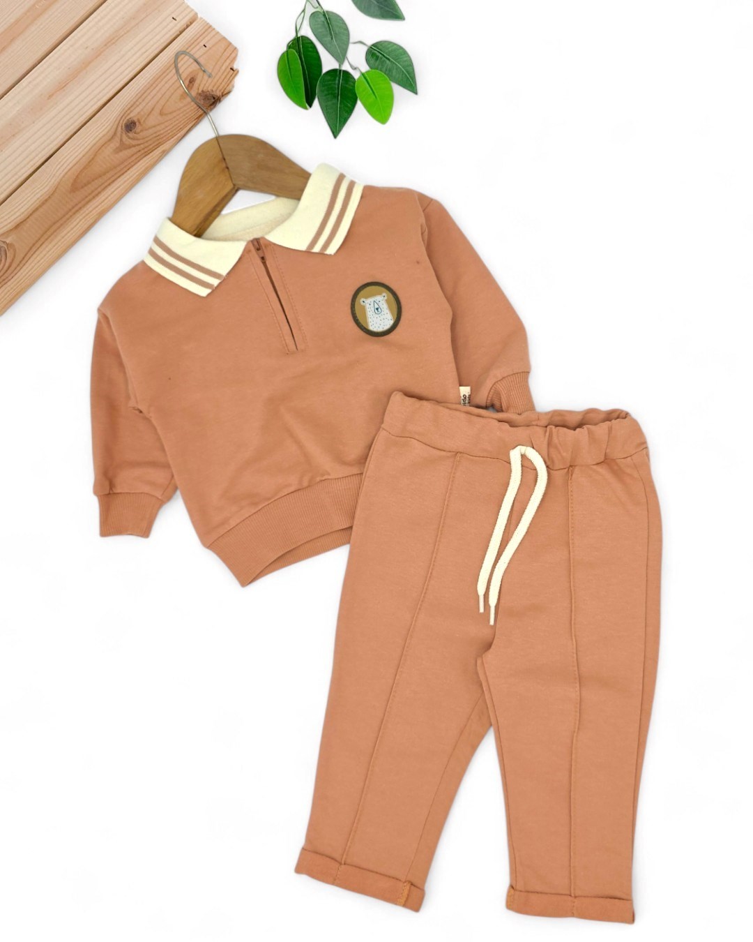 Erkek Bebek Mevsimlik, Çimalı Pantalonlu, Polo Fermuarlı Yakalı, 6-9-12-18-24 Ay Şık Bebek Takımı R2069 - KİREMİT