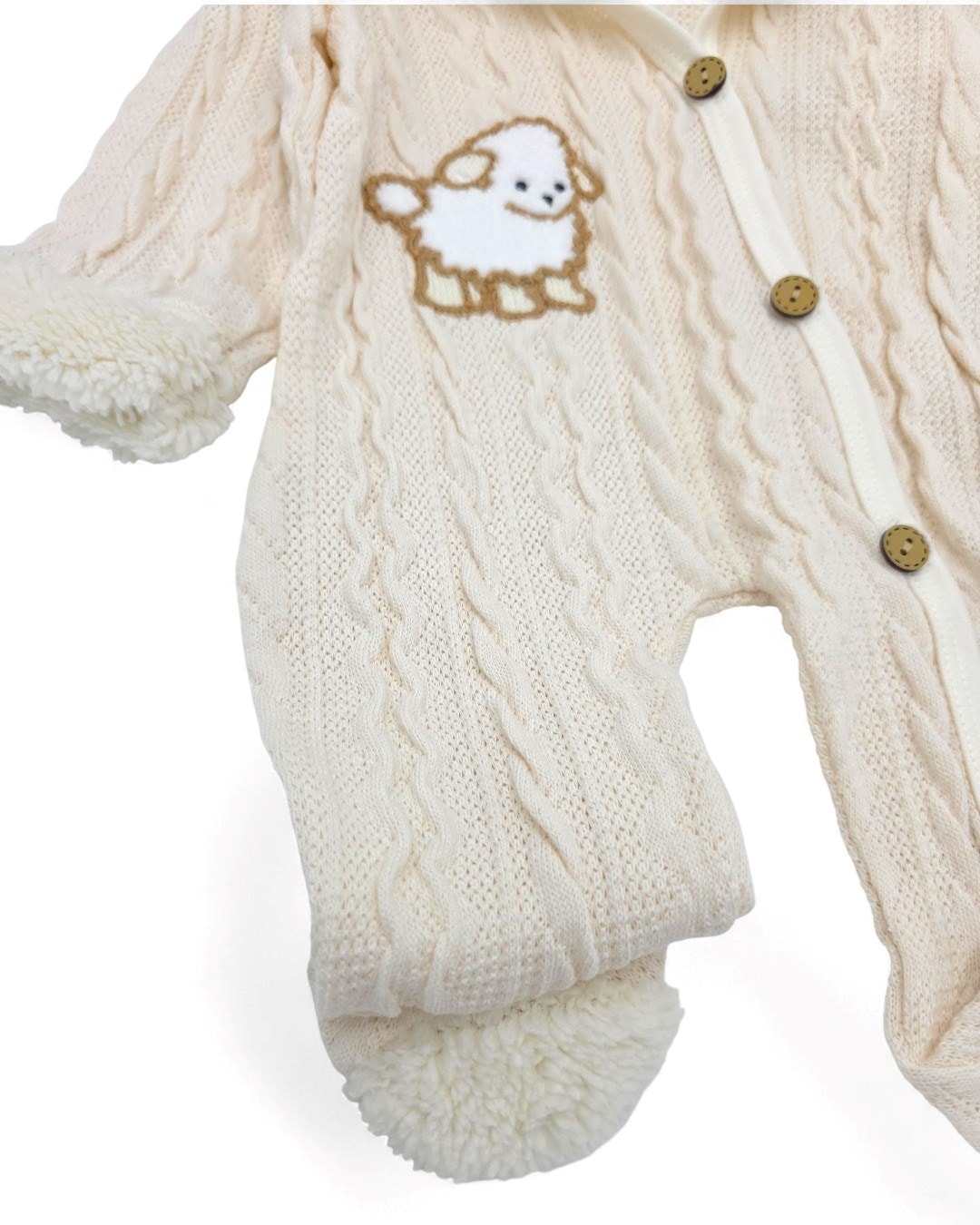 Mevsimlik Unisex Kuzu Nakışlı 0-3-6-9 Ay  Triko Tulum, Ayakları Kapalı, Ahşap Düğmeli , Kapüşonlu  R