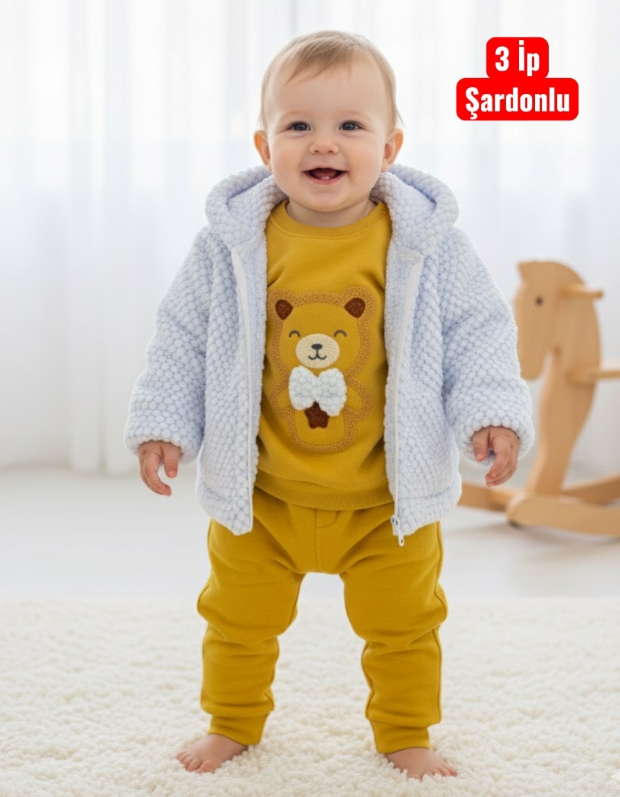 Erkek Bebek Çok Kalın Montlu Kışlık 3 İp Şordonlu 3'lü Takım, Kapüşonlu Ceketli Takım 6-9-12-18 Ay R2316 - HARDAL