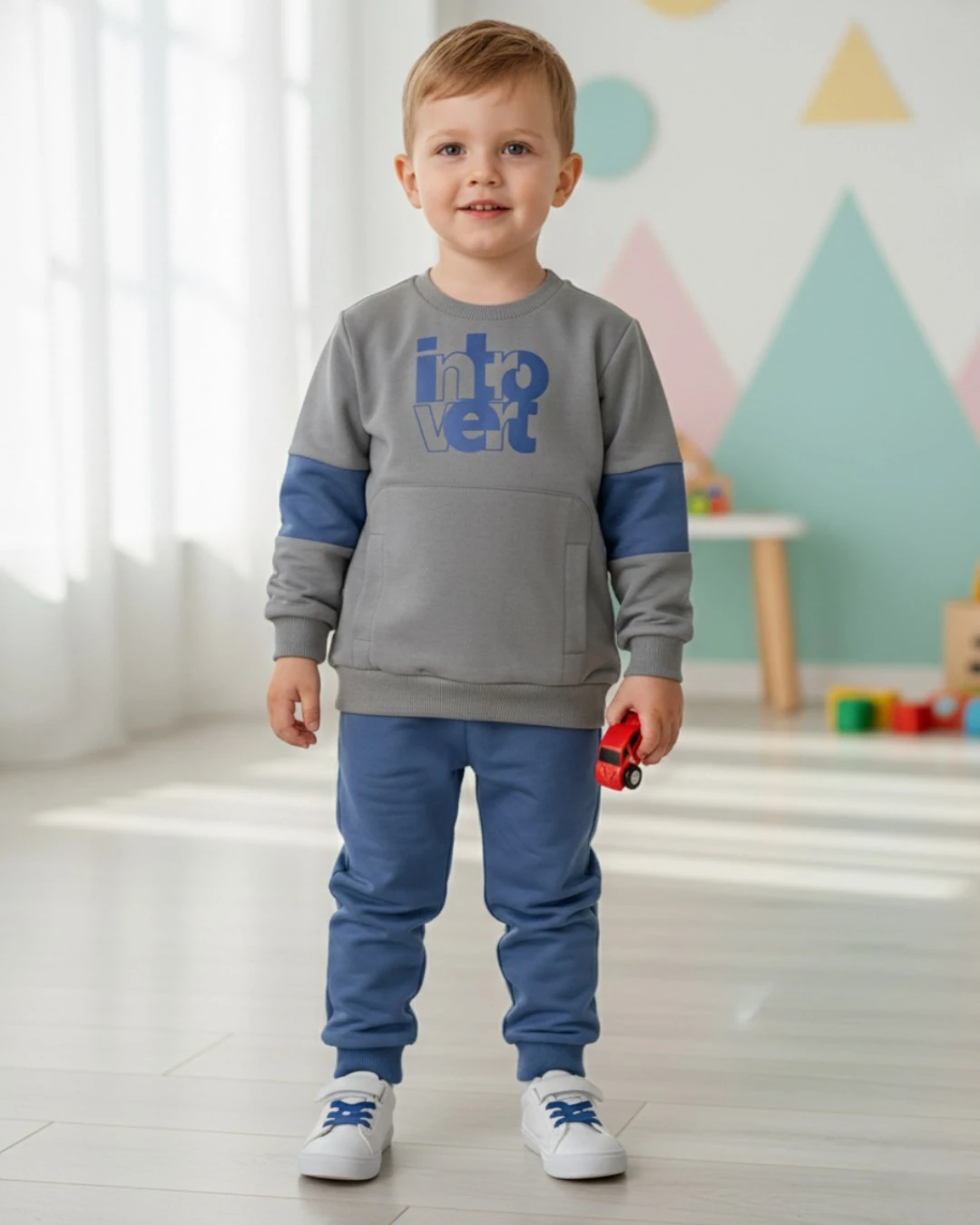 Erkek Çocuk Mevsimlik 2-3-4-5-6 Yaş Baskılı Eşofman Takımı, 2 İplik Alt Üst Takım R2397 - GRİ