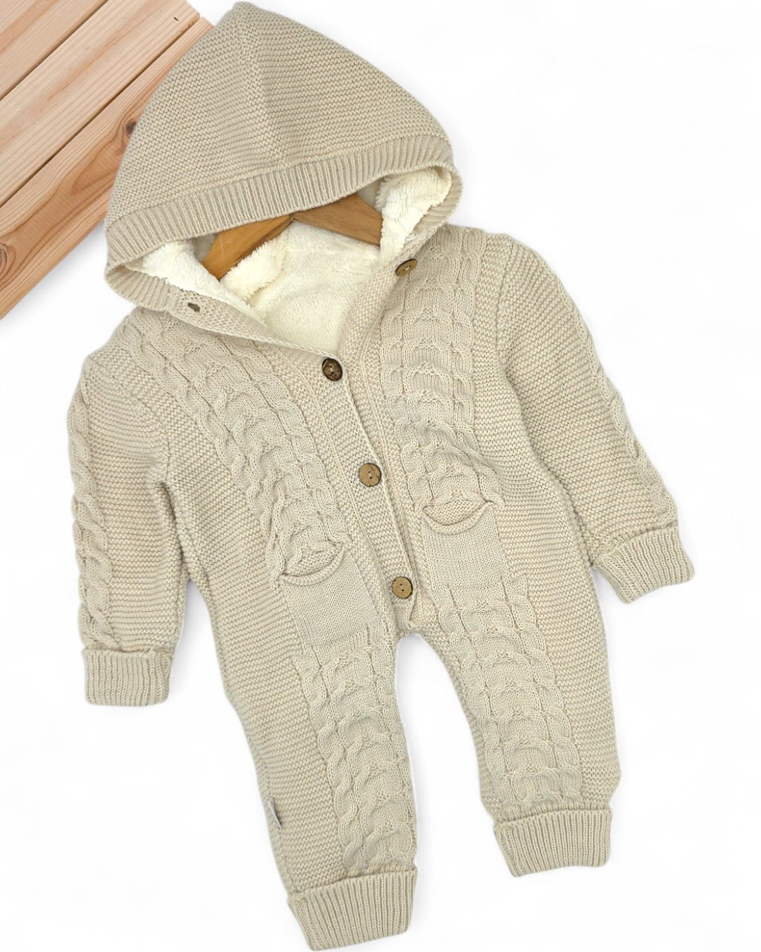 Kışlık Triko Bebek Tulumu, İçi Welsoftlu Düğmeli, Kapüşonlu 3-6-9-12 Aylık Kalın Peluş Tulum R2200