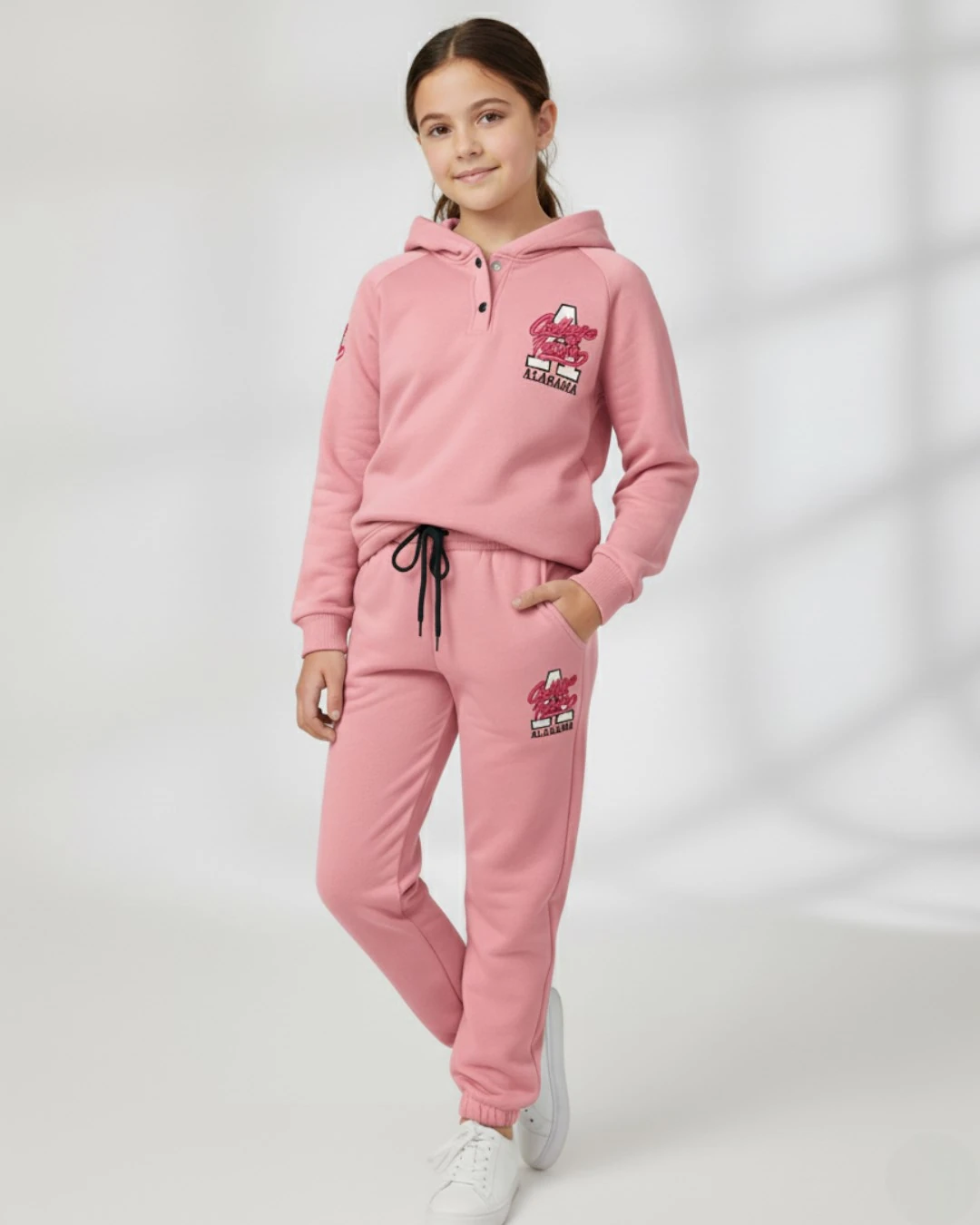 Kız Çocuk Kışlık 3 İp Şardonlu Kapüşonlu 10-11-12-13-14 Yaş Eşofman Takımı / R2292 - PEMBE