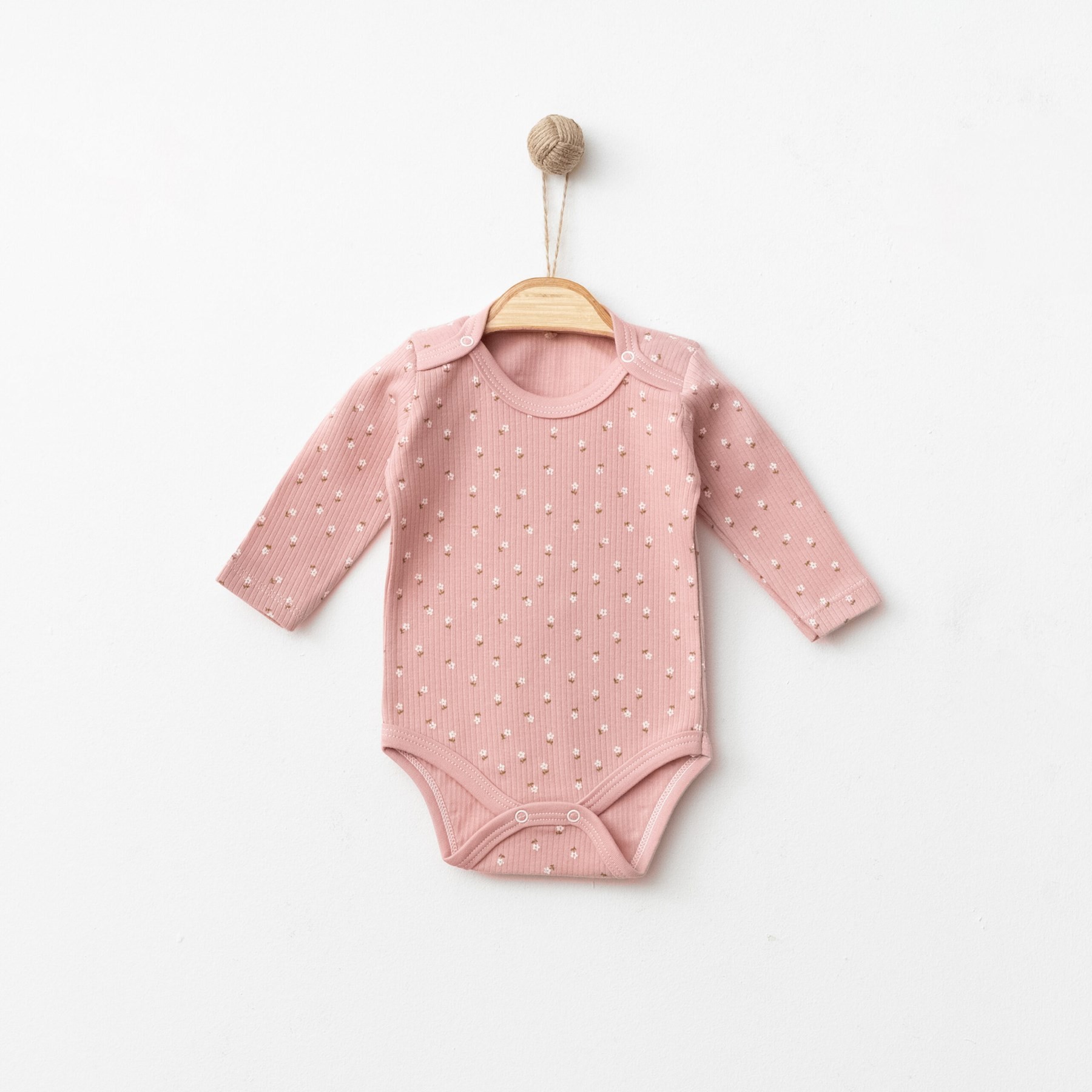 KIZ UZUN KOLLU ÇİÇEK BASKIL FİTİLLİ I BEBEK ÇITÇITLI BODY, ZIBIN, ATLET 0-3 YAŞ R1439 - GÜL KURUSU