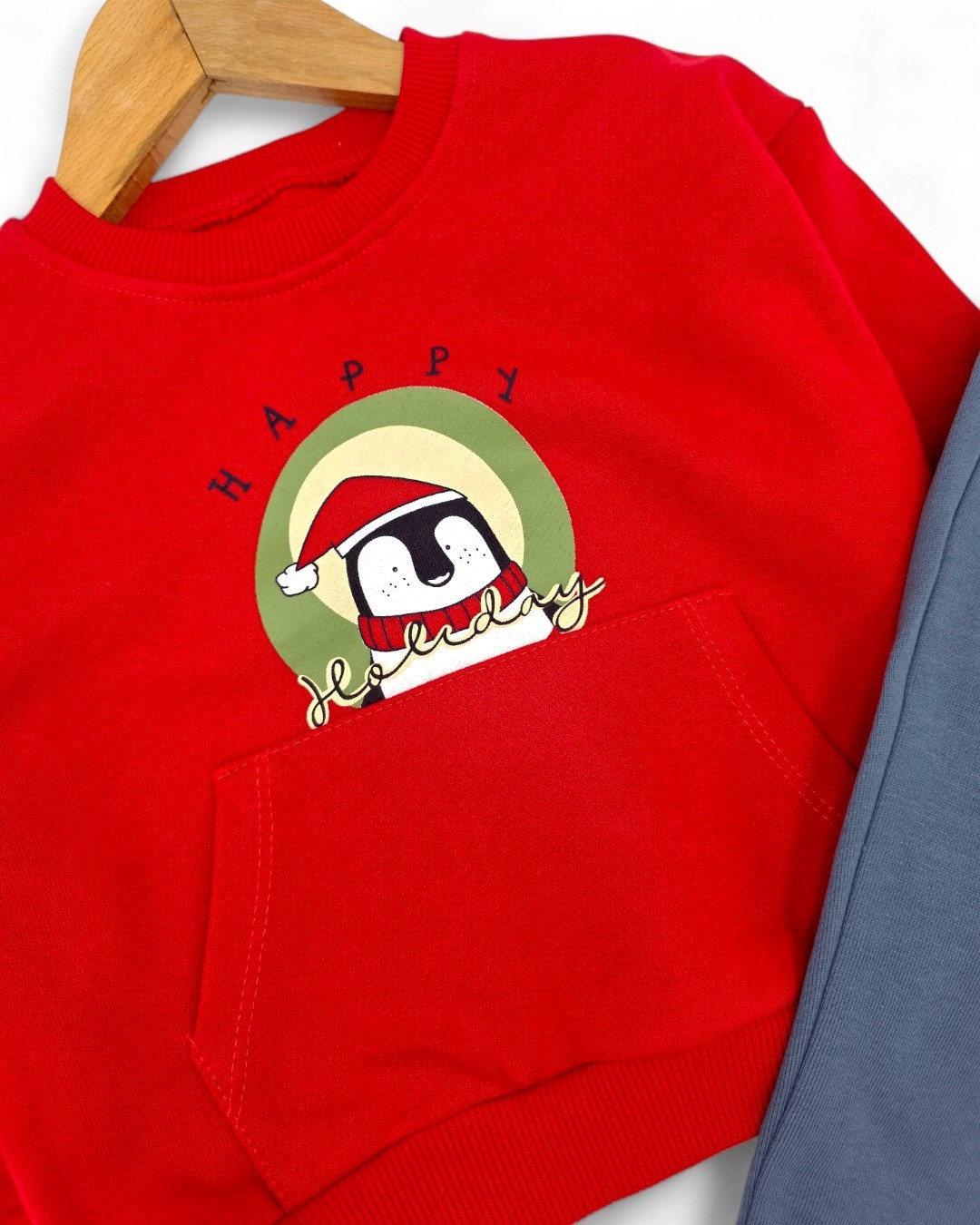 Erkek Çocuk 3 İp Şardonsuz Baskılı Kırmızı Sweatshirt ve Mavi Eşofman Altlı 2-3-4-5-6 Yaş Takımı 