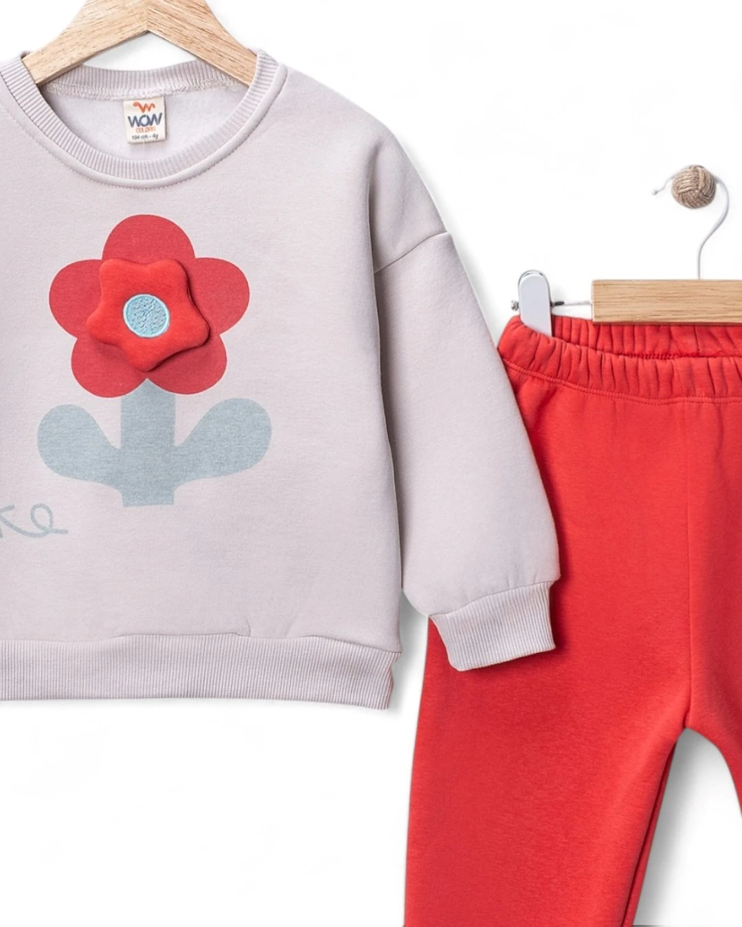 Kız Çocuk 1-2-3-4 Yaş Kışlık 3 İp Şardonlu, Çiçek Detaylı Alt Üst Eşofman Takımı R2341