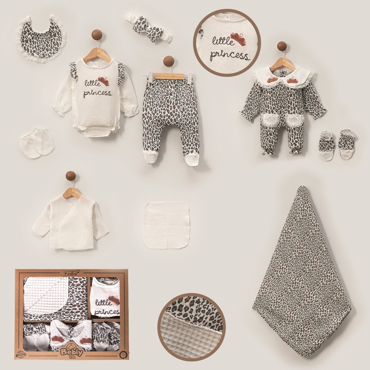 KIZ BEBEK YAZLIK MÜSLİN LEOPAR DETAYLI 10'LU HASTANE ÇIKIŞI ZIBIN SETİ HC31