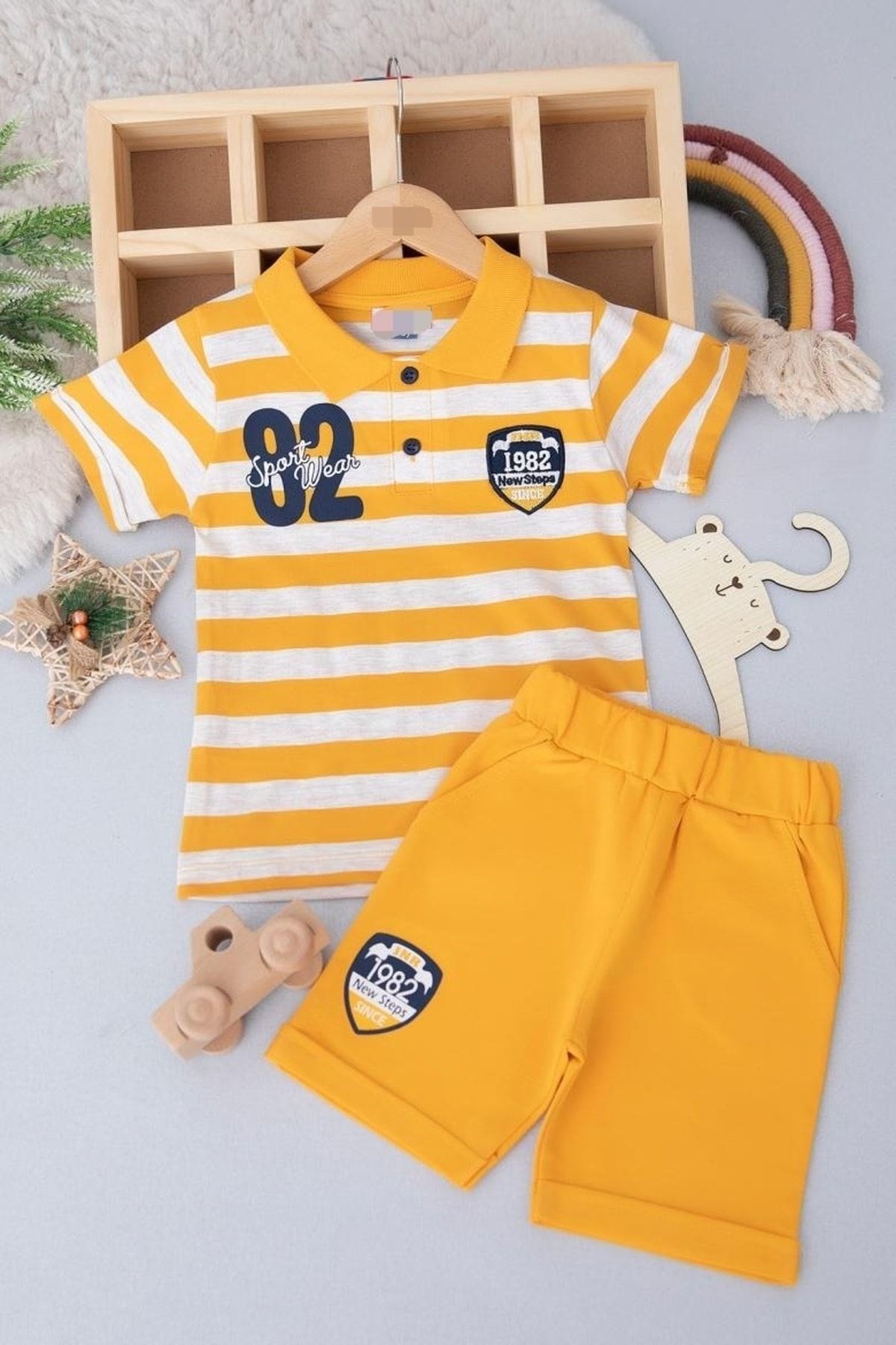 Erkek Çocuk Günlük Çizgili Polo Yakalı Şık T-shirt Ve Şort Alt Üst Takımı R499 - SARI