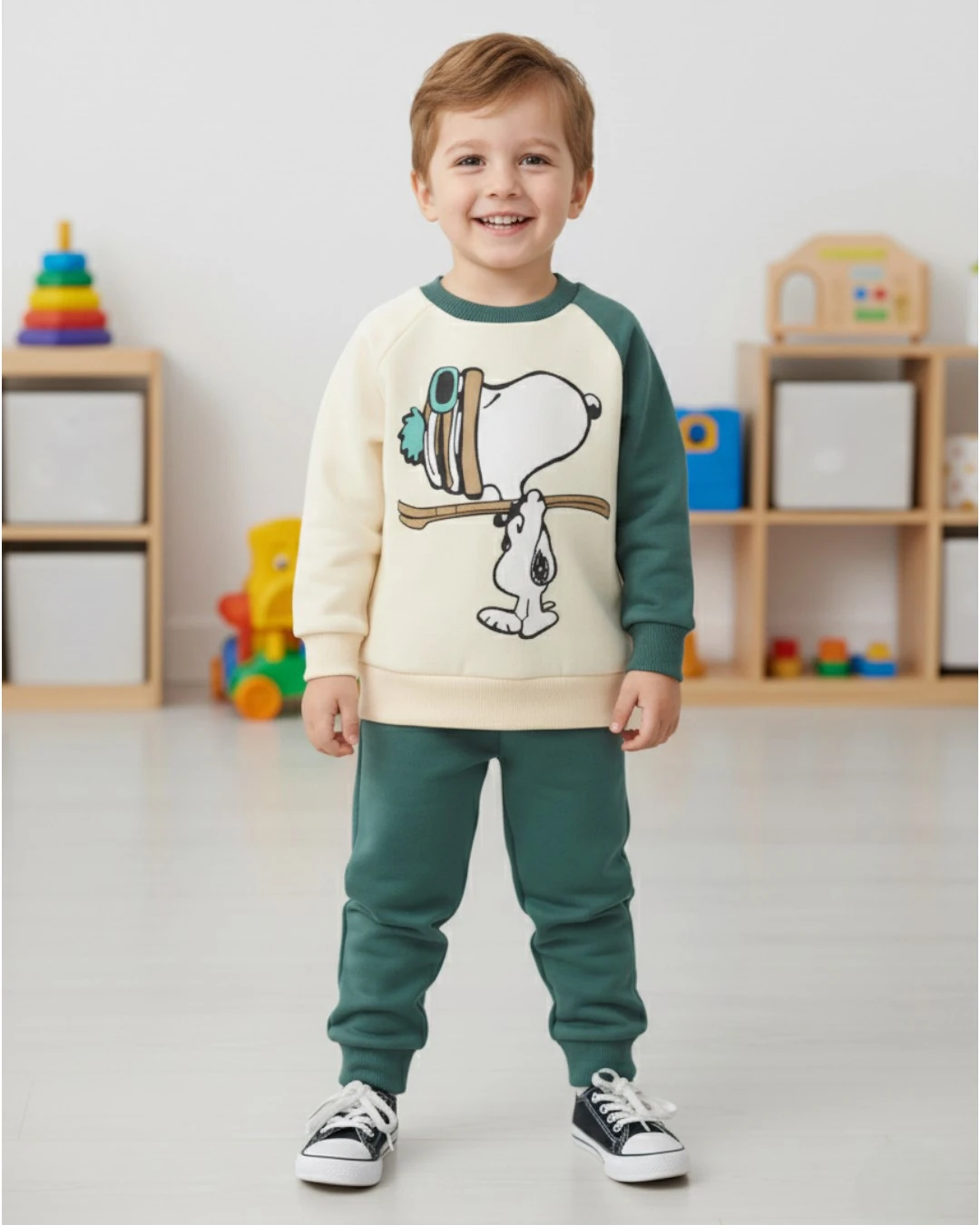 Erkek Çocuk Mevsimlik Snoopy Baskılı 2-3-4-5 Yaş Bisiklet Yakalı Eşofman Kreş Takımı R552 - YEŞİL