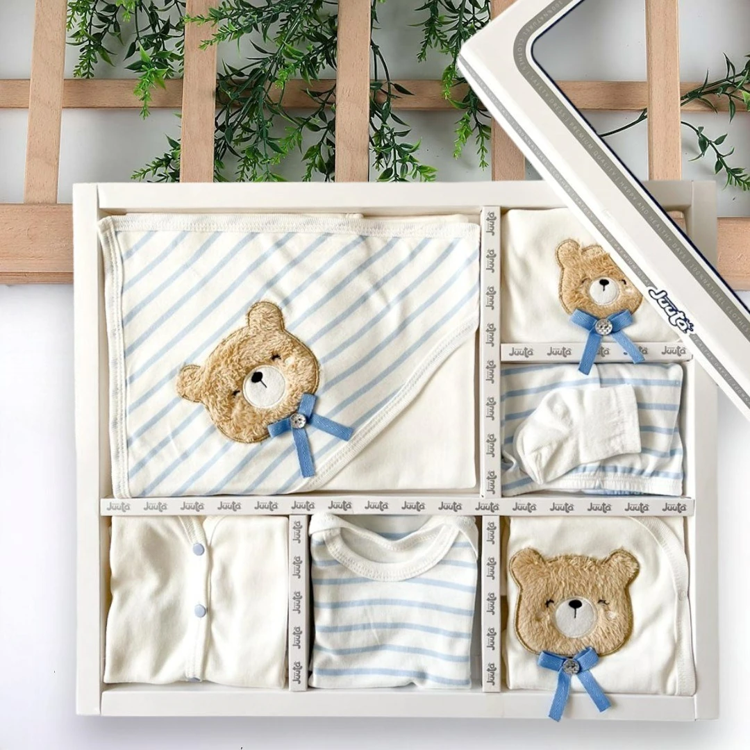 Erkek Bebek Ayı Nakışlı 11 Parça Hastane Çıkışı Zıbın Seti R920 - AÇIK MAVİ