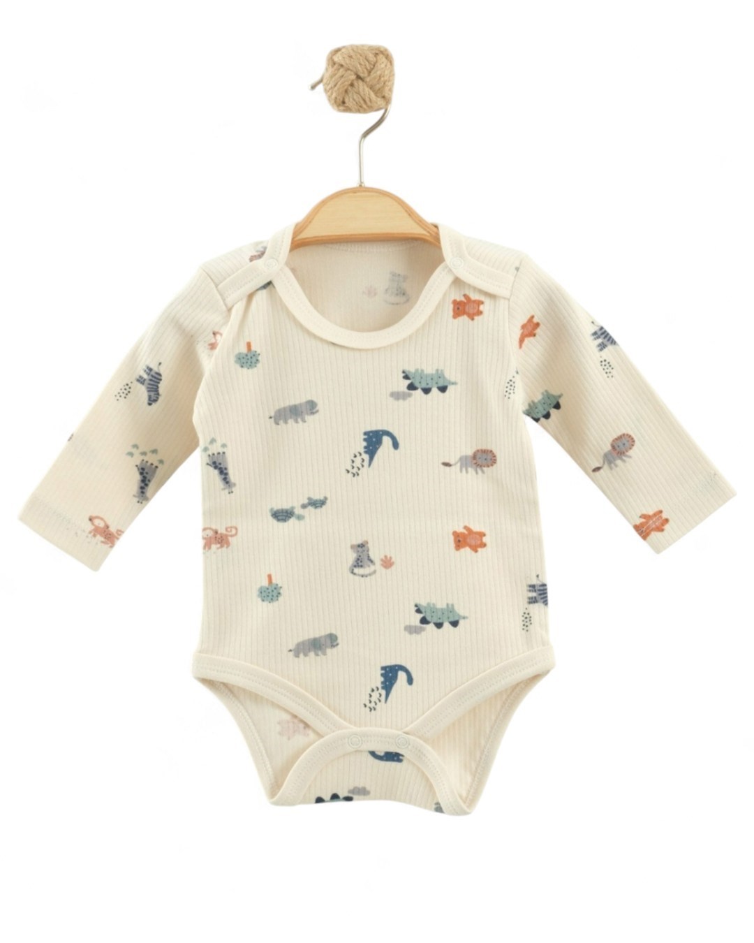 Erkek Bebek Uzun Kollu Hayvanlar Baskıl Fitilli I Bebek Çıtçıtlı Body, Zıbın, Atlet 0-3 Yaş BD14 - BEJ