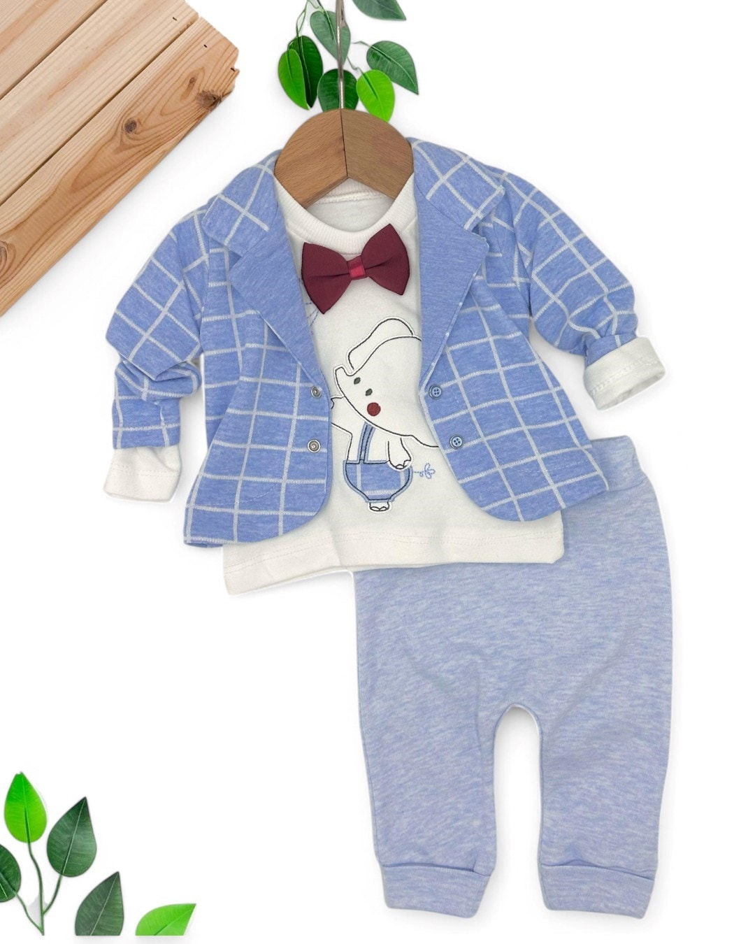 Erkek Bebek Ekoseli Ceketli Papyonlu 3 Parça Yeni Doğan Bebek Takımı R1633