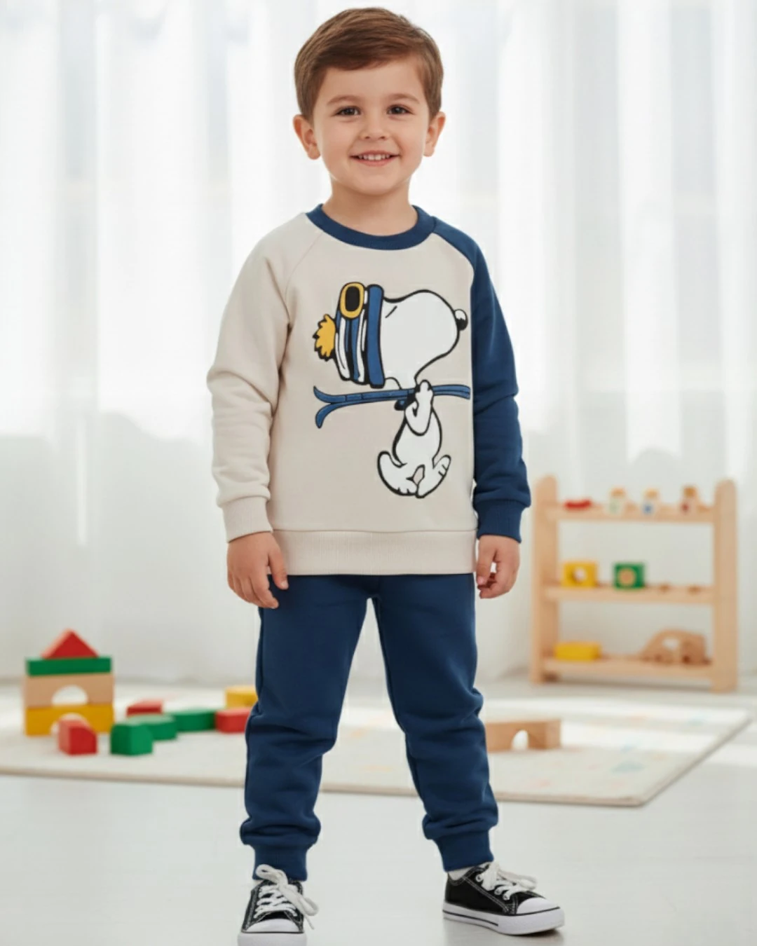 Erkek Çocuk Mevsimlik Snoopy Baskılı 2-3-4-5 Yaş Bisiklet Yakalı Eşofman Kreş Takımı R552 - MAVİ