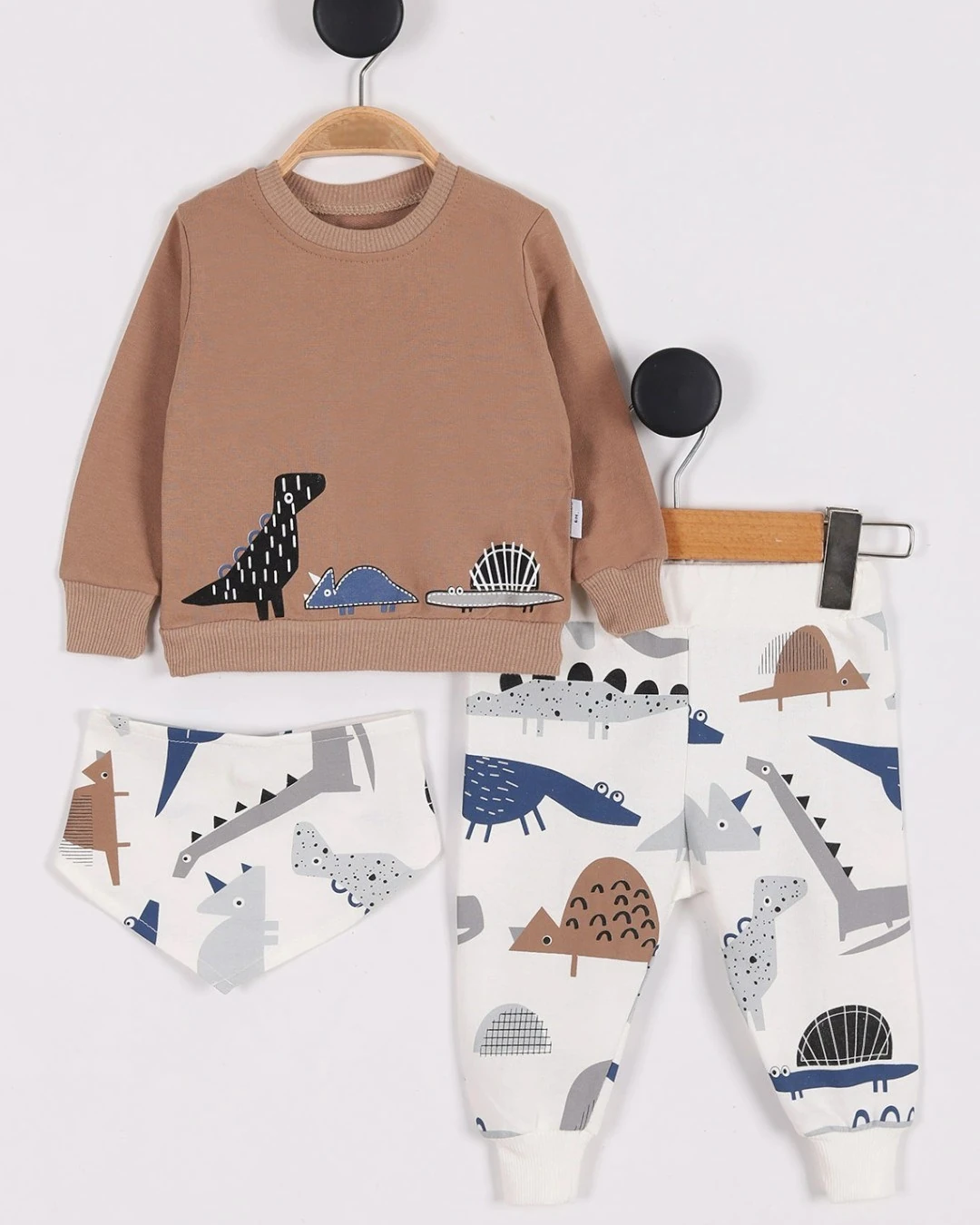 Erkek Bebek Dinozor Baskılı, Fularlı 3 Parça Mevsimlik 3-6-9-12-18 Ay Alt Üst Bebek Takımı R2231