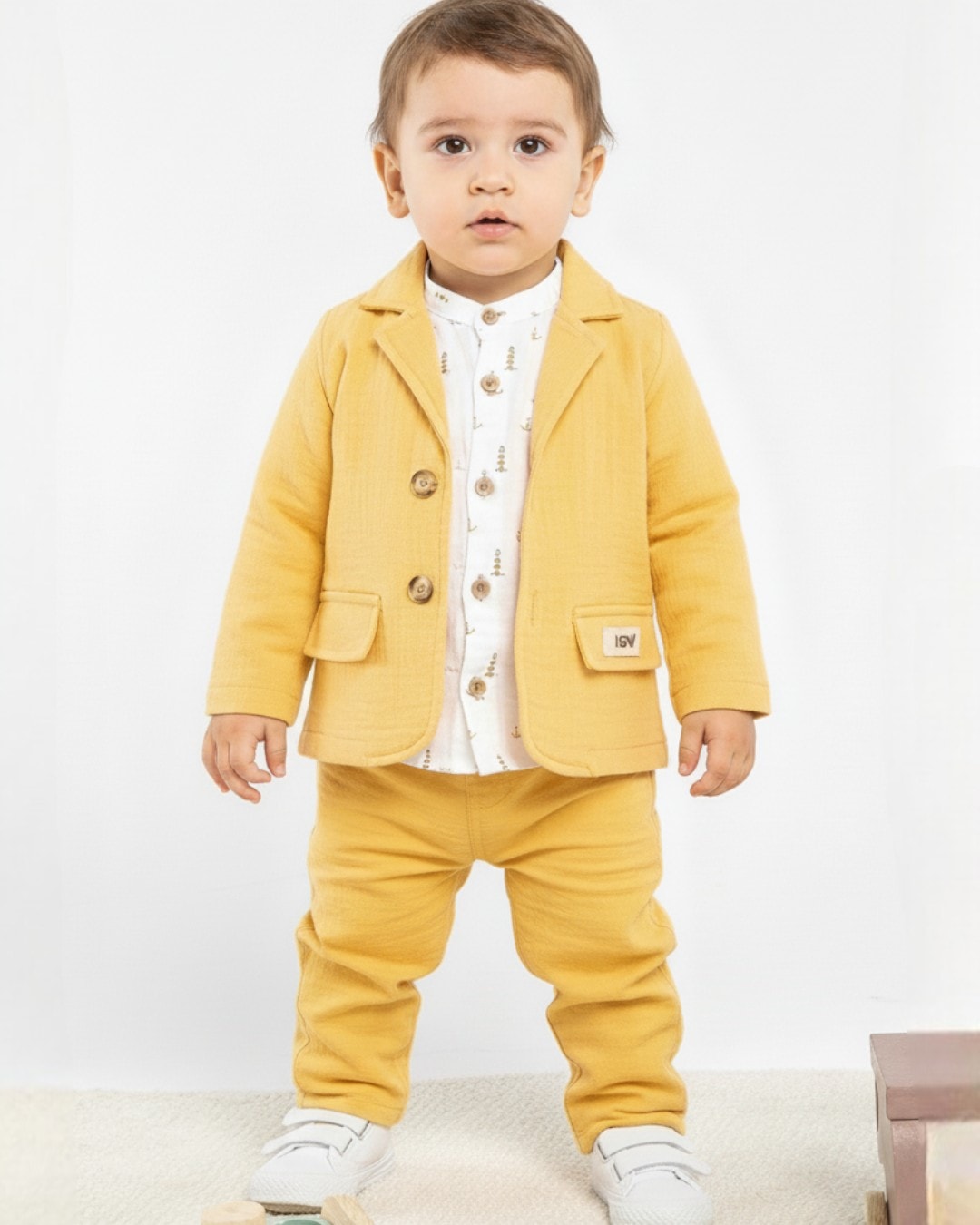 Erkek Bebek Mevsimlik Müslin Şık Takım Elbise, 3-6-9-12-18 Ay Takım Elbise Sarı R1032