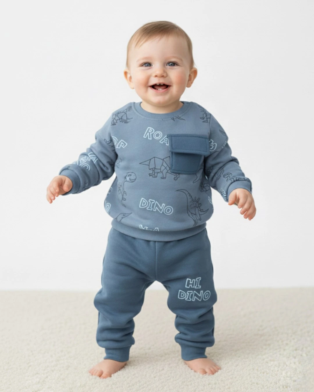 Erkek Bebek Kışlık 3 İp Şardonlu Dinozor Baskılı 6-9-12-18-24 Ay Alt Üst Eşofman Takımı R2387 - MAVİ