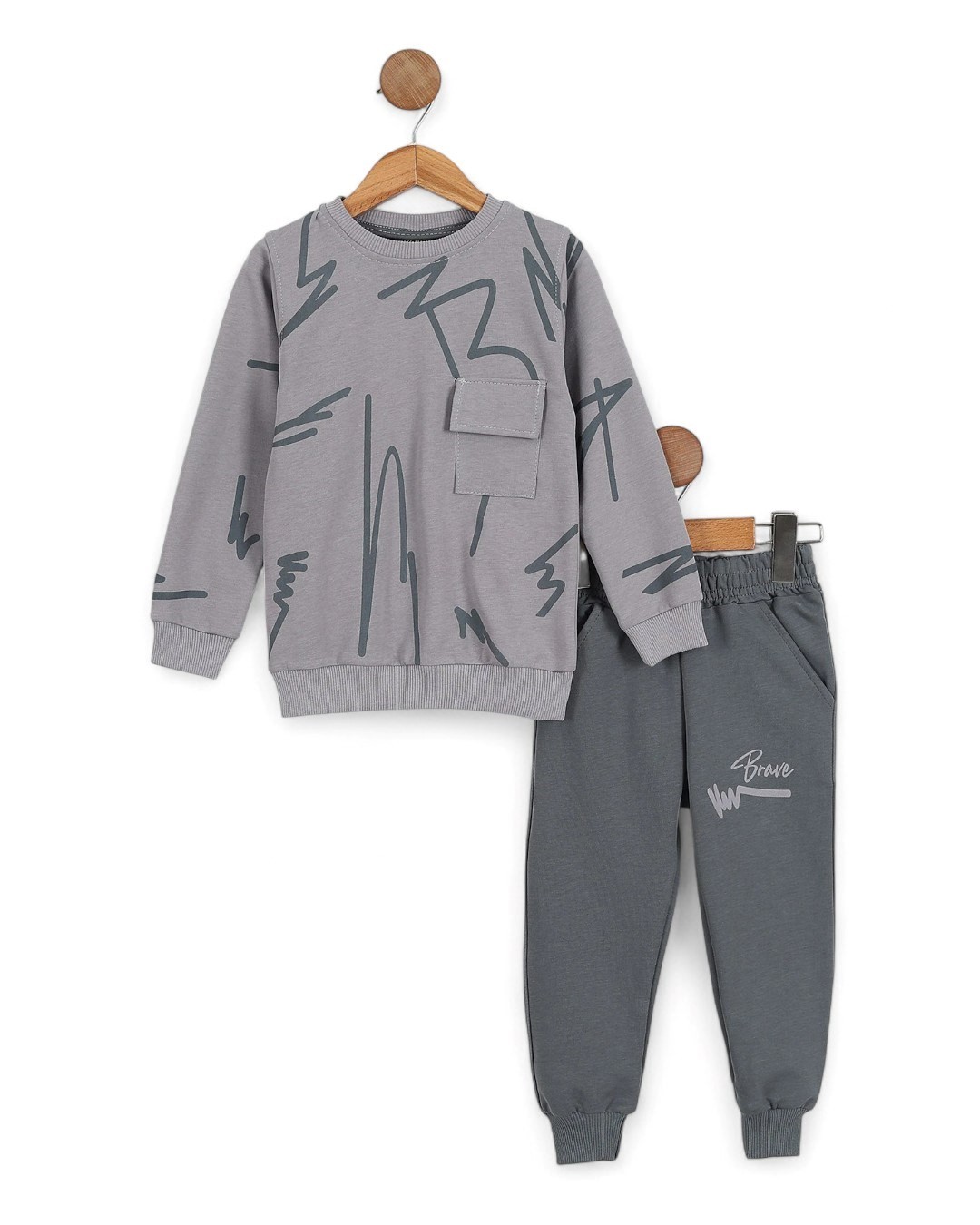 Erkek Çouk Baskılı Mevsimlik Sweatshirt ve Eşofman Altlı 2-10 Yaş Eşofman Takımı R2118 - GRİ