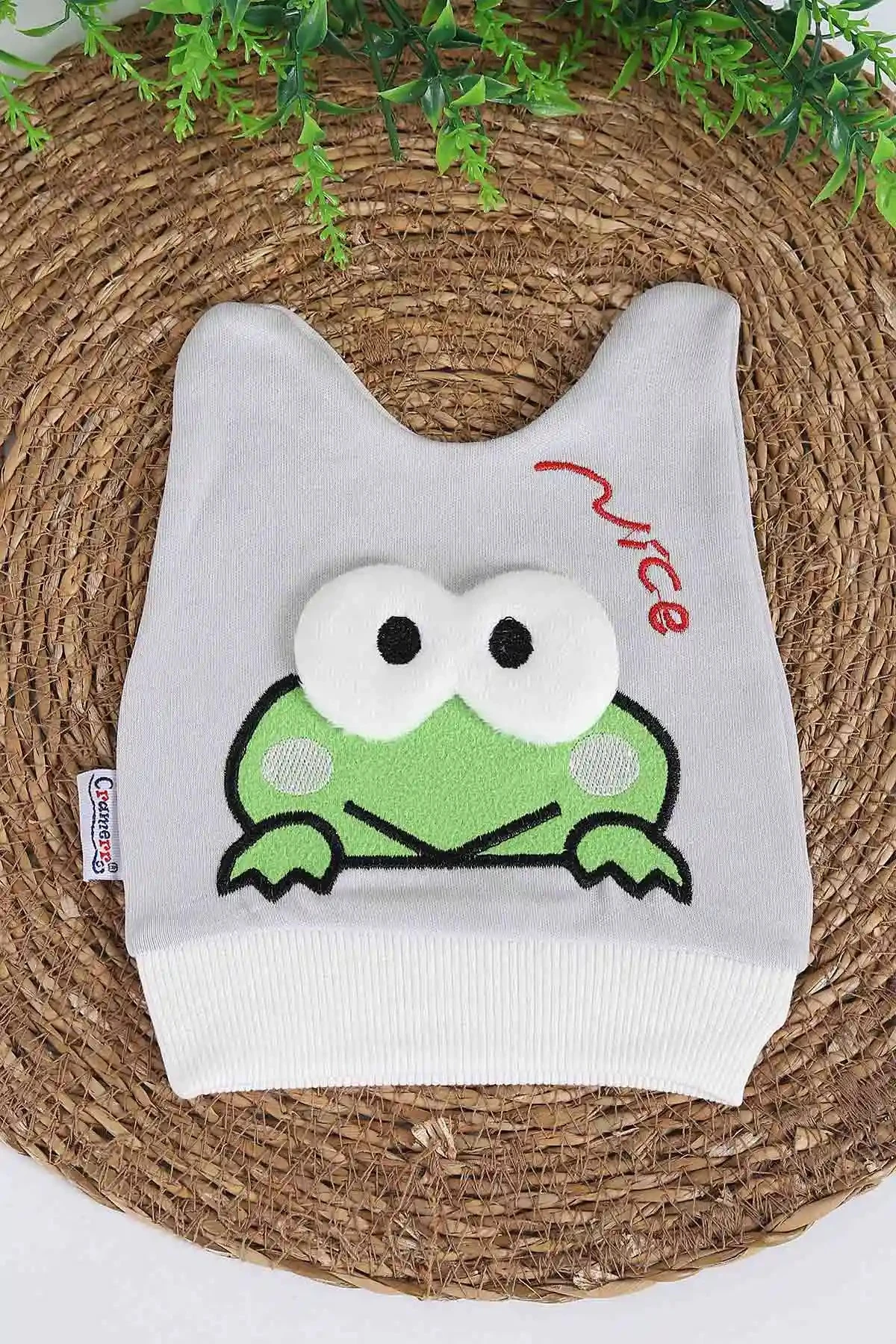 Kurbağa Nakışlı Yeni Doğan Penye Bebek Beresi BR39 - GRİ