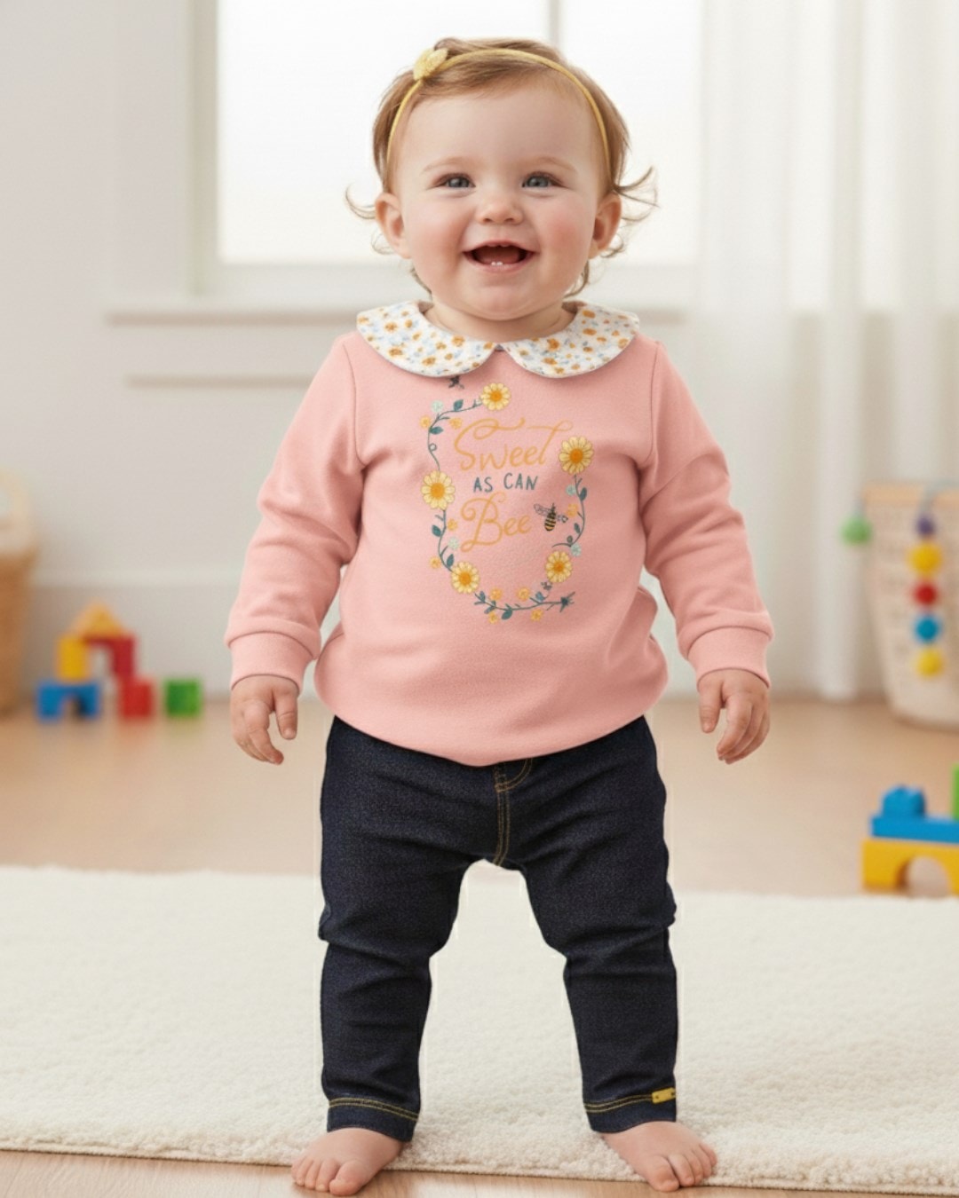 Kız Bebek 6-9-12-18-24 Aylık Bebe Yakalı, Pantalonlu Şık Bebek Takımı R2323 - PUDRA