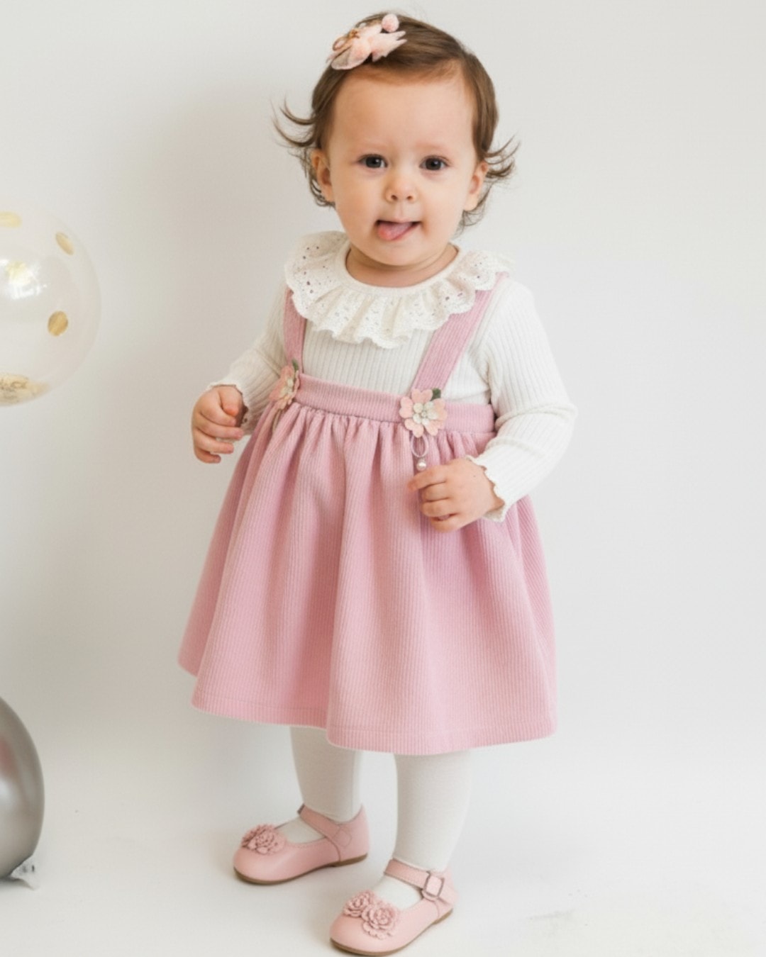 Kız Bebek Fitilli Dokulu Mevsimlik Dantel Detaylı Doğum Günü Elbisesi R562 - PEMBE