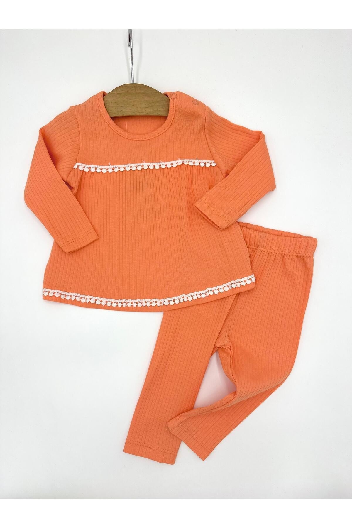 FİTİLLİ DANTEL GÜPÜRLÜ KIZ BEBEK TAKIMI , MEVSİMLİK, UZUN KOLLU,  FİTİLLİ KIZ BEBEK TAKIMI 6-24 AY R960 - TURUNCU