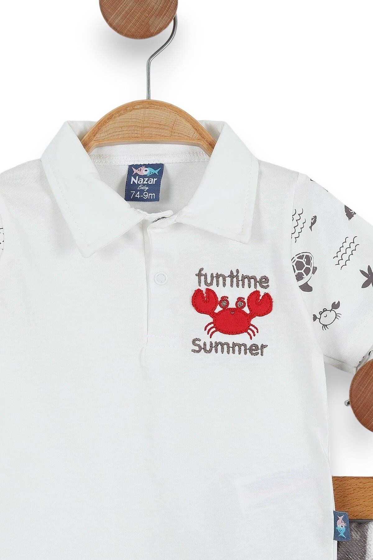 ERKEK BEBEK YAZLIK POLO YAKALI YENGEÇ NAKIŞLI DOKUMA ŞORTLU 6-24 BEBEK TAKIMI R902