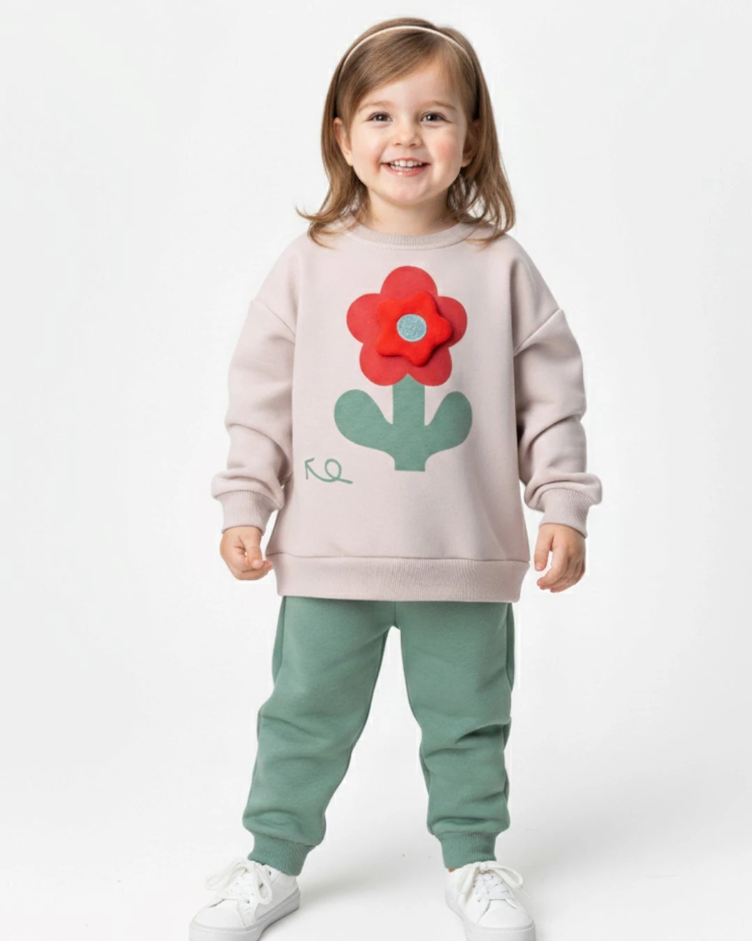 Kız Çocuk 1-2-3-4 Yaş Kışlık 3 İp Şardonlu, Çiçek Detaylı Alt Üst Eşofman Takımı R2341 - YEŞİL