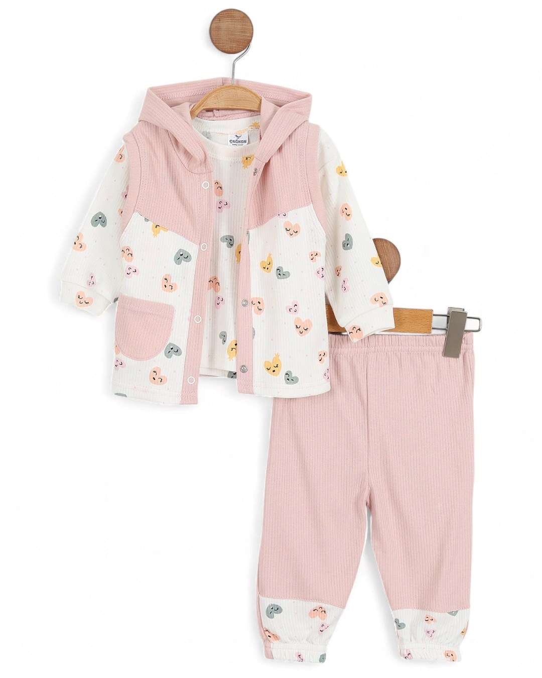 Kız Bebek Fitilli Kalp Baskılı Yelekli 3 Parça Şirin 6-12 Ay Bebek Takımı R2170