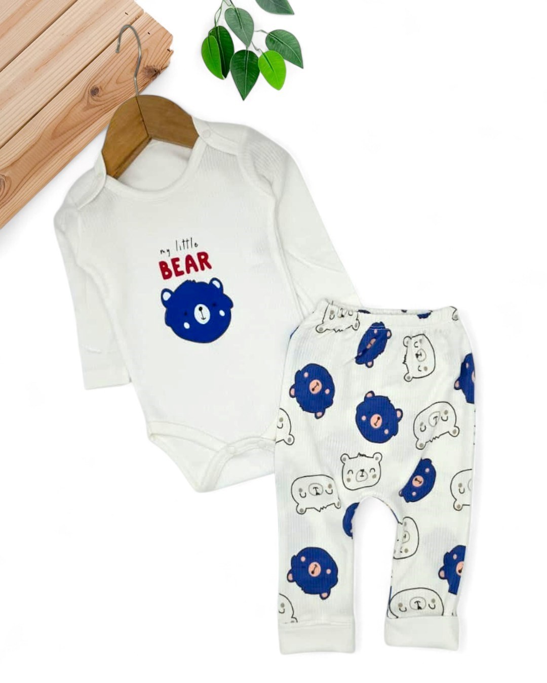 Erkek Bebek Yenidoğan Ayı Baskılı Fitilli Çıtçıtlı Badi ve Altlı Natural Pamuk Bebek Takımı 0-9 Ay R826 - MAVİ