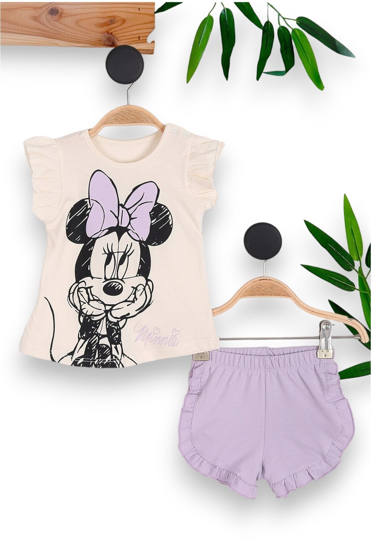 KIZ BEBEK MİNNİE MOUSE BASKILI YAZLIK ŞORTLU 6-24 AY ARASI BEBEK TAKIMI R811 - LİLA
