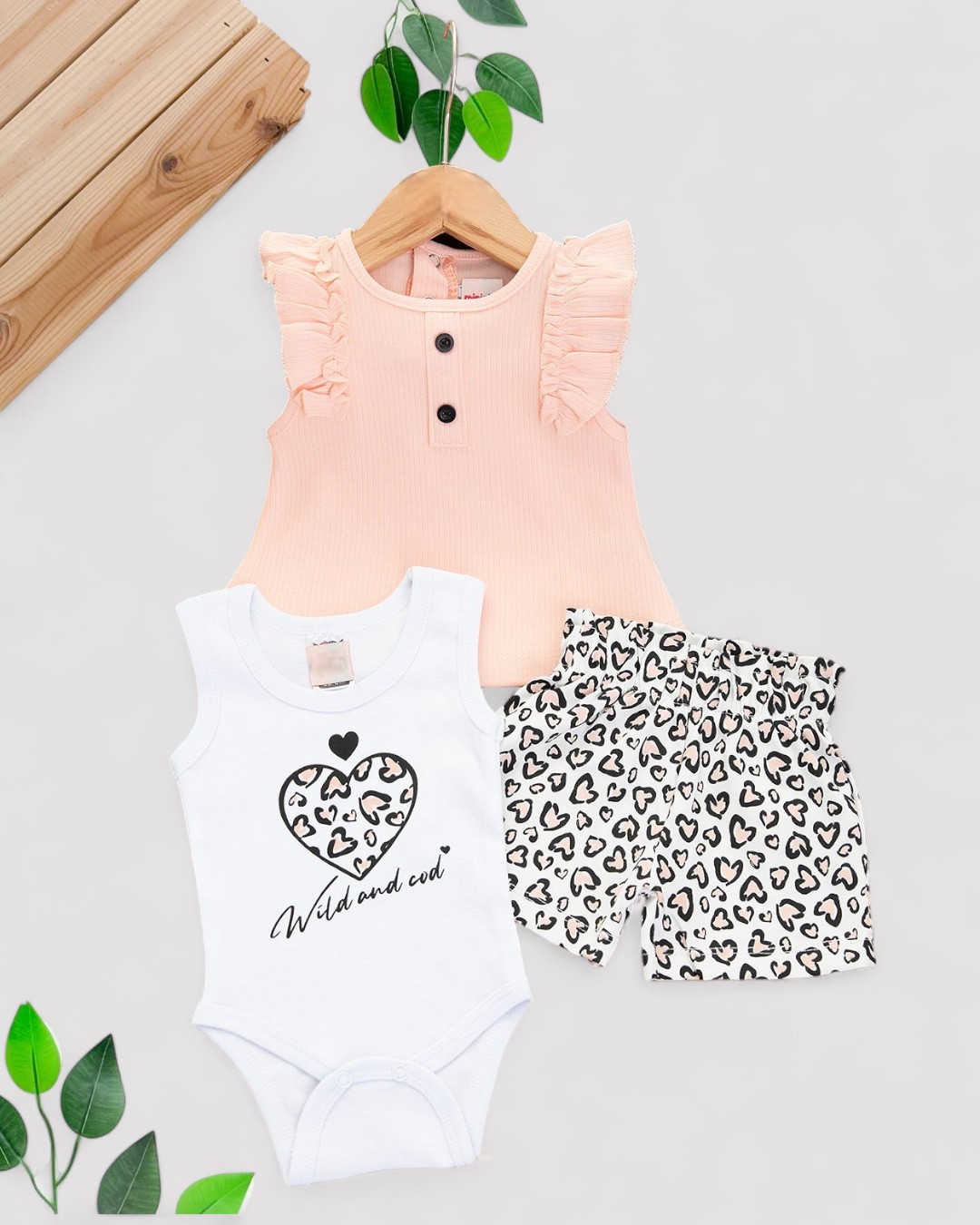 KIZ BEBEK  0-3-6-9-12 AY YAZLIK LEOPAR ŞORTLU FİTİLLİ BLUZ VE ÇITÇITLI BODYLİ 3'LÜ YENİ DOĞAN TAKIM  r1933 - SOMON