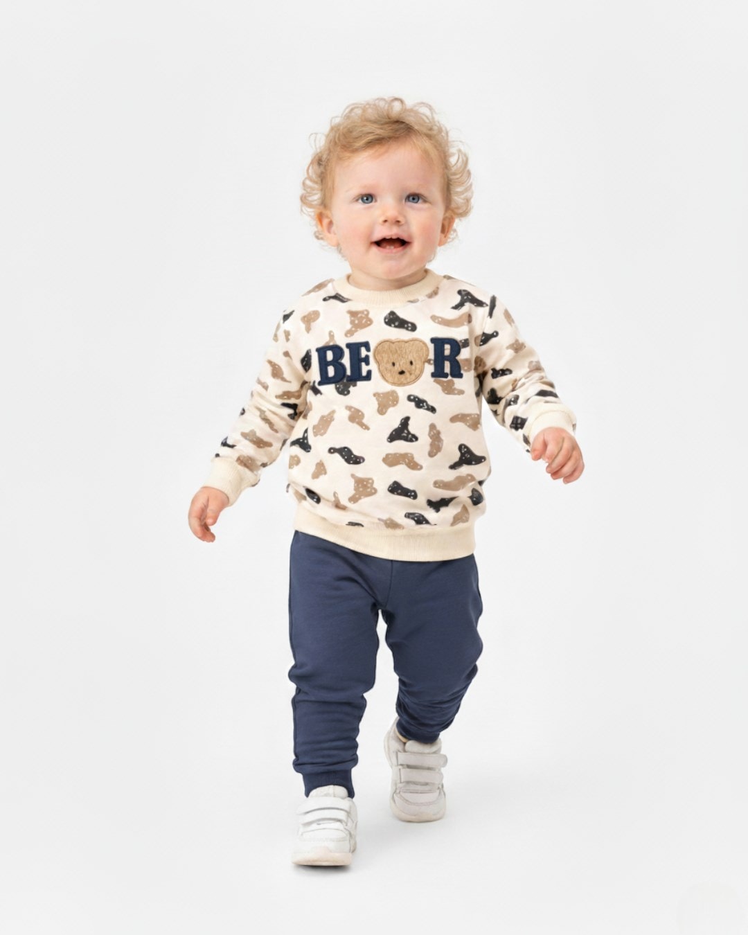 Erkek Bebek Bear Nakışlı Mevsimlik 2’li Takım - Uzun Kollu Sweatshirt ve Pantolon 6-24 Ay R1980 - MAVİ